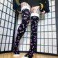 Purple Paw Print Black and White Bone Thigh High Socks (Size 3-12 UK)