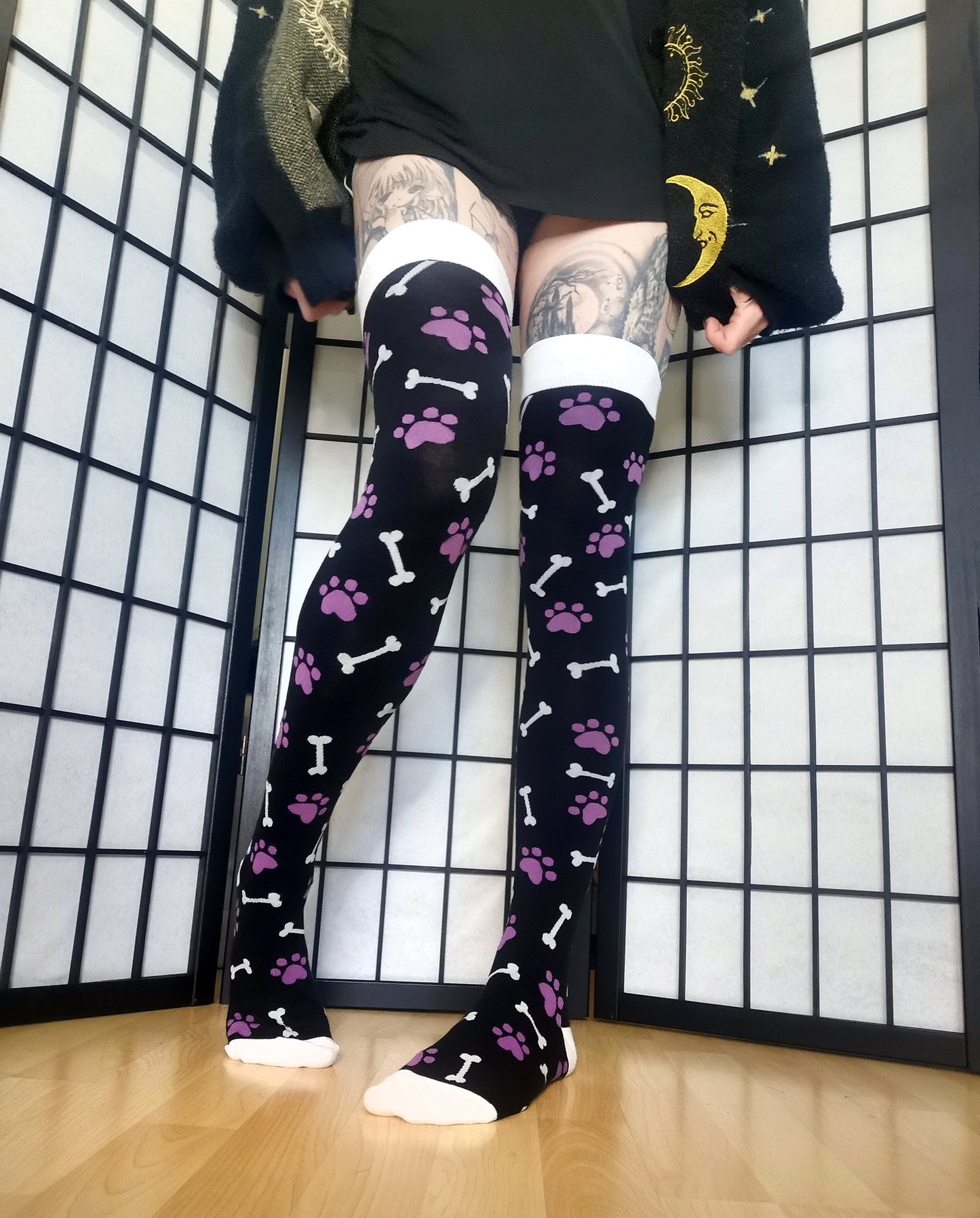 Purple Paw Print Black and White Bone Thigh High Socks (Size 3-12 UK)