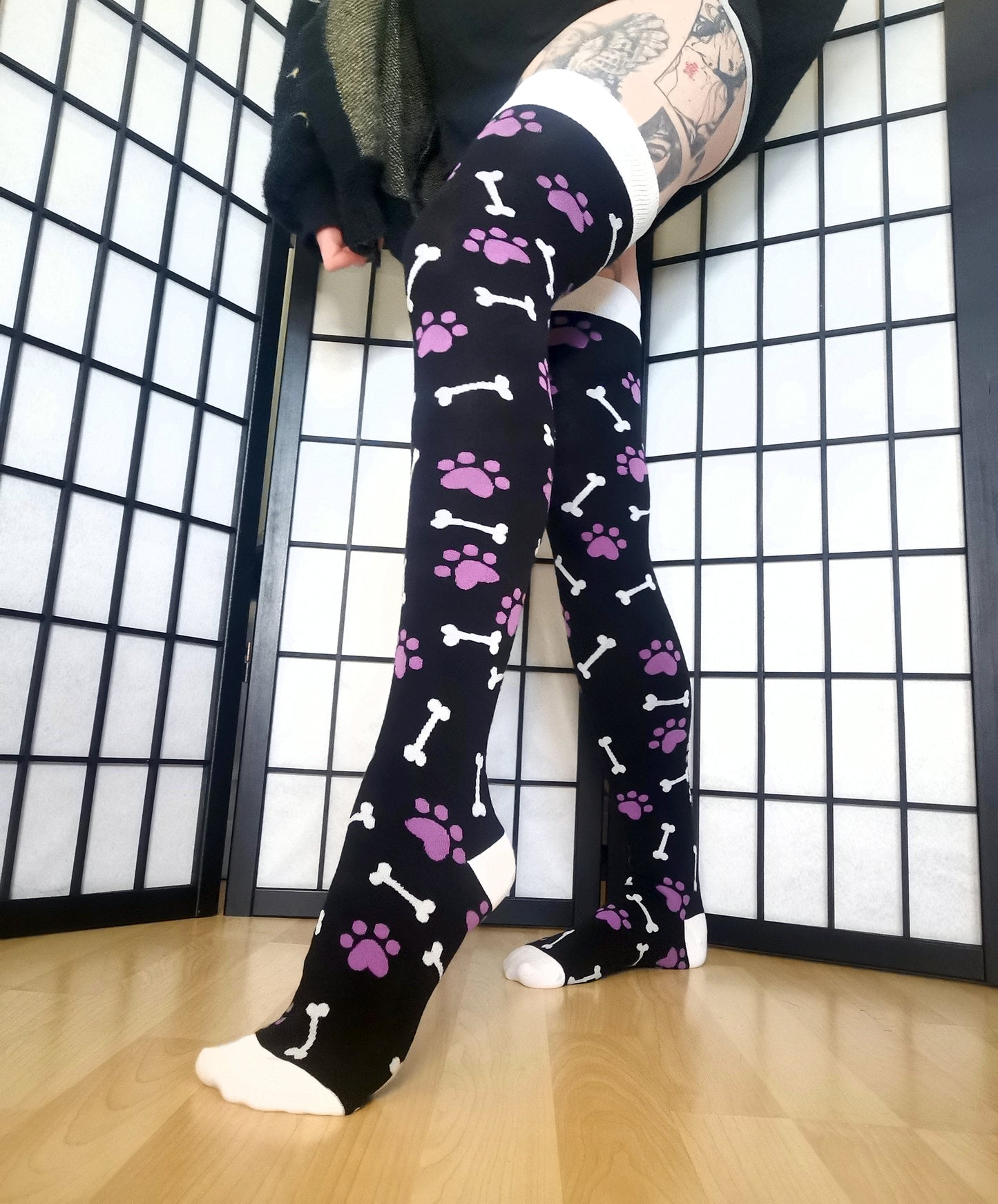 Purple Paw Print Black and White Bone Thigh High Socks (Size 3-12 UK)