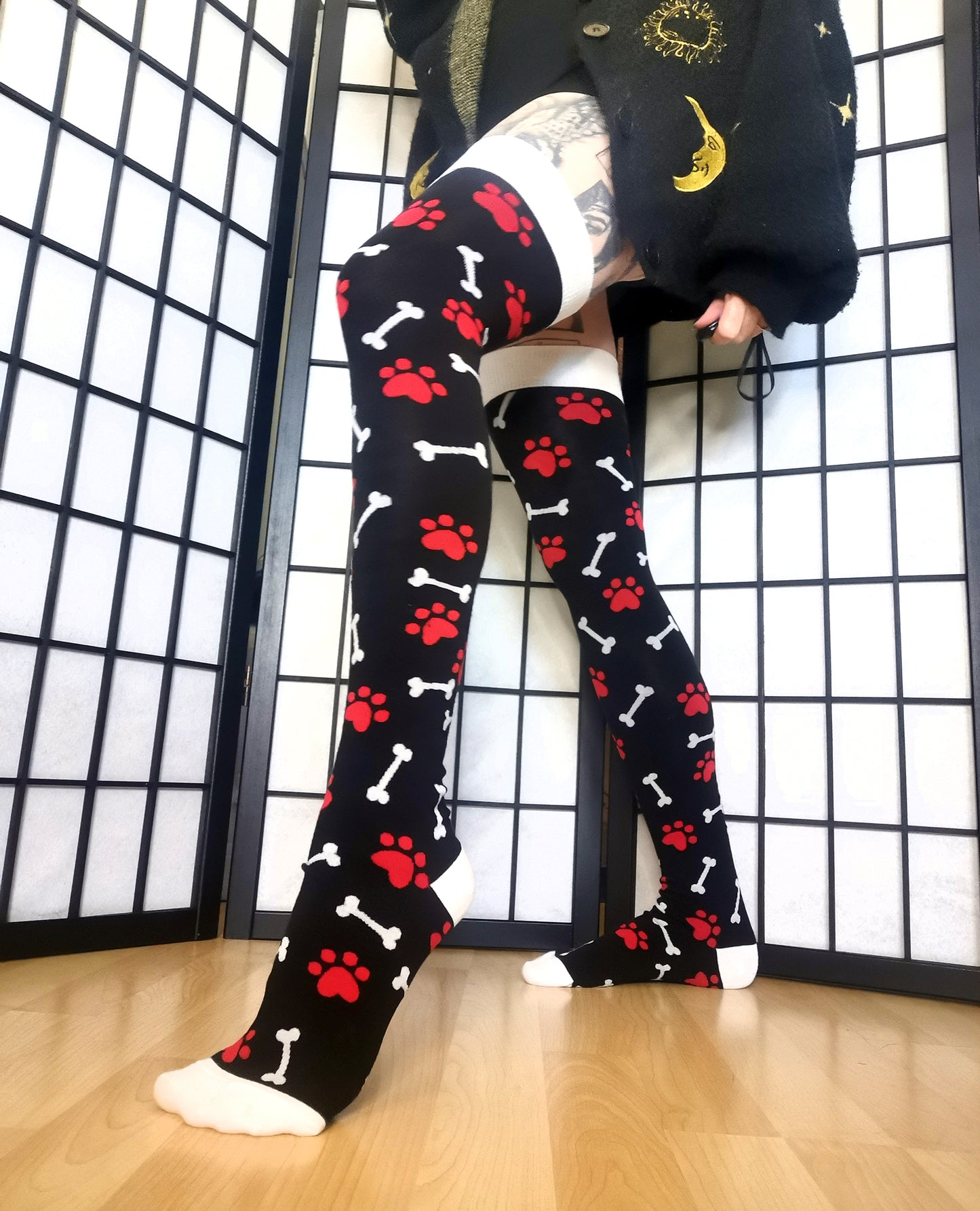 Red Paw Print Black and White Bone Thigh High Socks (Size 3-12 UK)