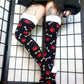 Red Paw Print Black and White Bone Thigh High Socks (Size 3-12 UK)