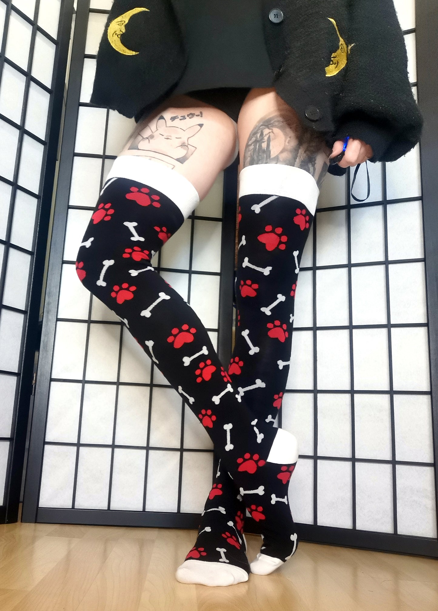 Red Paw Print Black and White Bone Thigh High Socks (Size 3-12 UK)