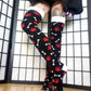 Red Paw Print Black and White Bone Thigh High Socks (Size 3-12 UK)