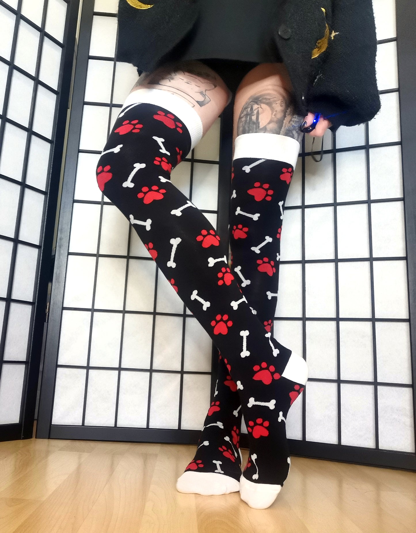 Red Paw Print Black and White Bone Thigh High Socks (Size 3-12 UK)