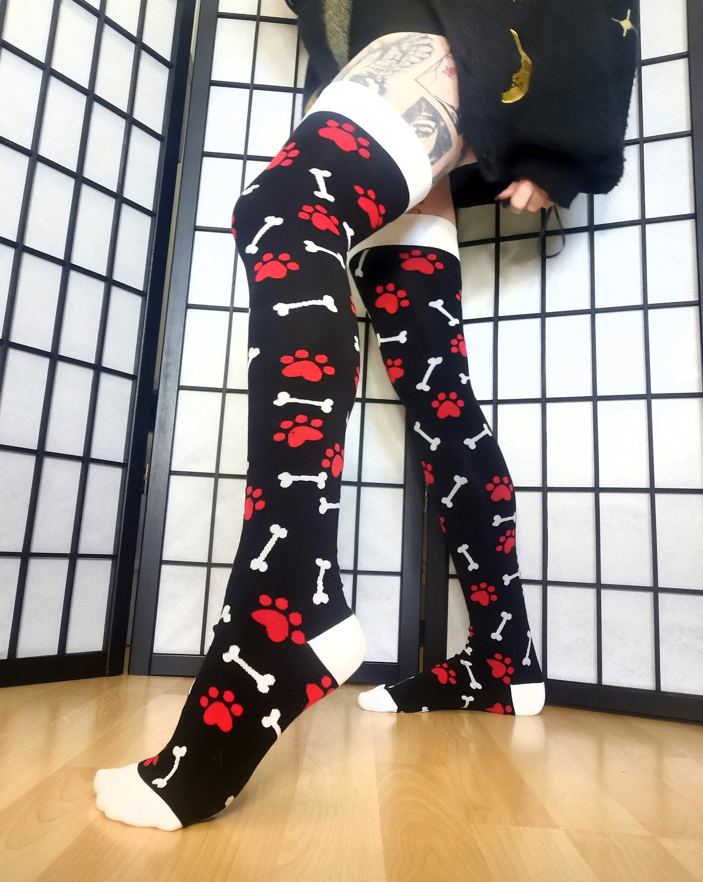 Red Paw Print Black and White Bone Thigh High Socks (Size 3-12 UK)