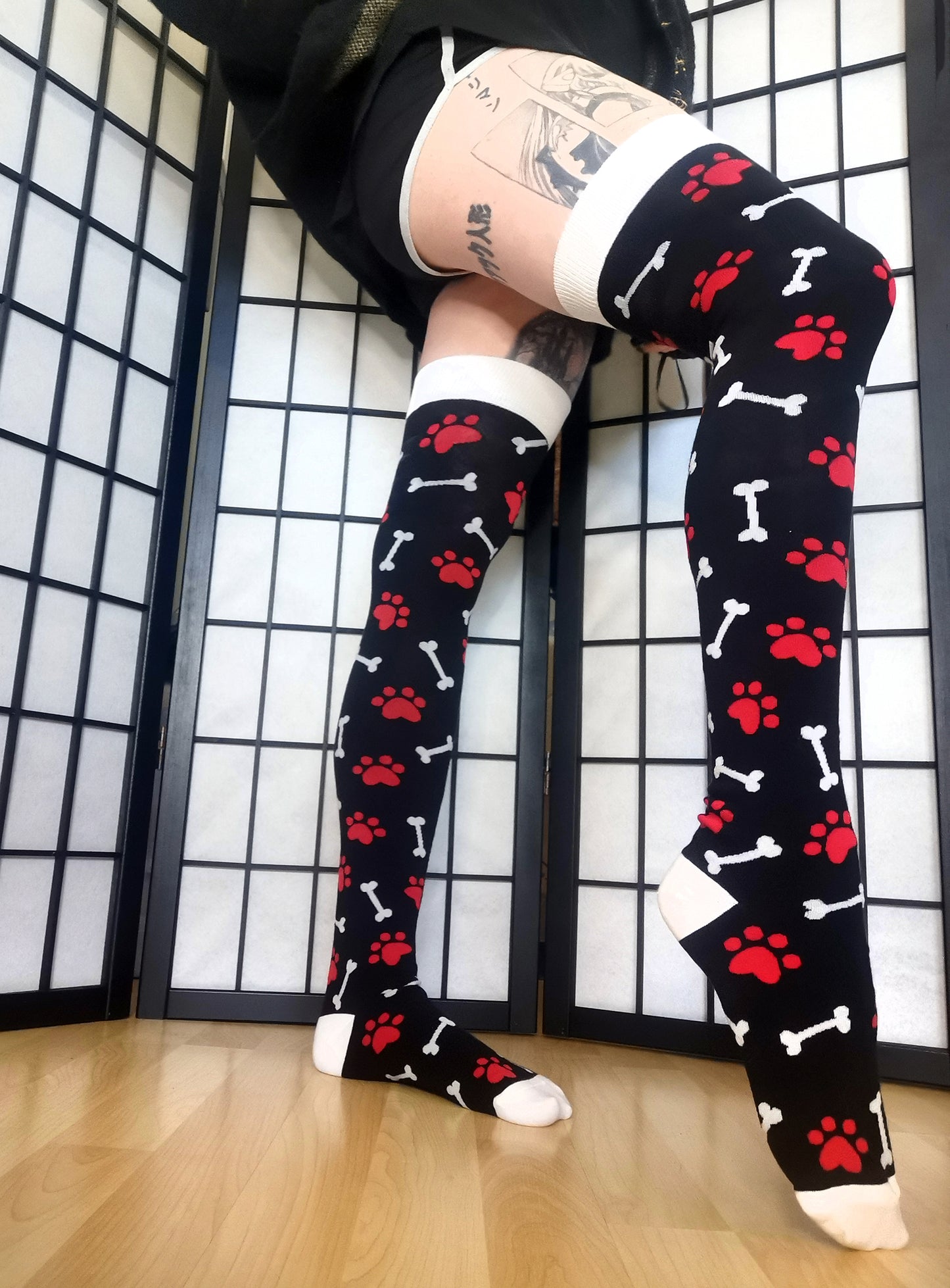 Red Paw Print Black and White Bone Thigh High Socks (Size 3-12 UK)