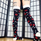Red Paw Print Black and White Bone Thigh High Socks (Size 3-12 UK)