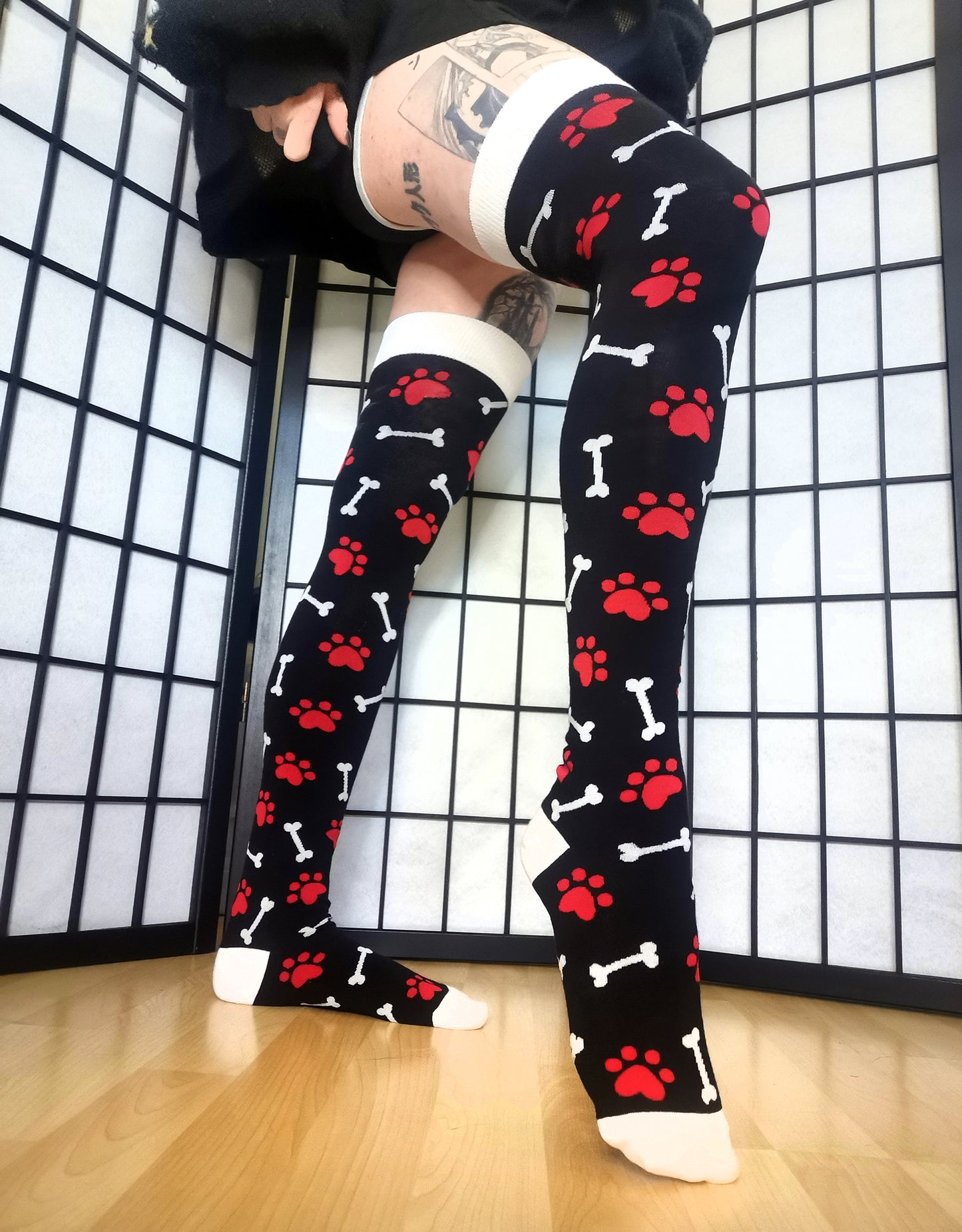 Red Paw Print Black and White Bone Thigh High Socks (Size 3-12 UK)