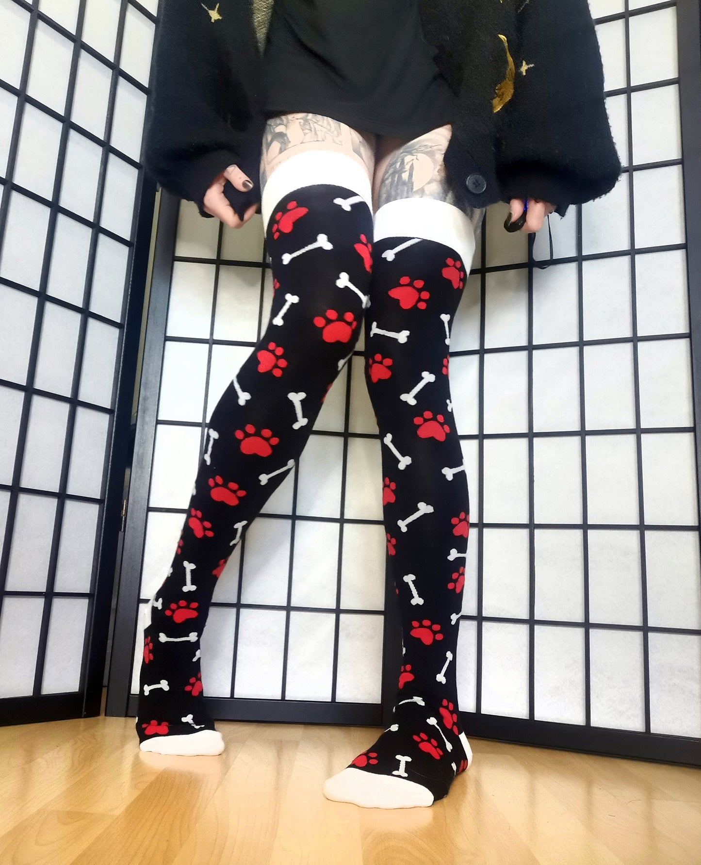 Red Paw Print Black and White Bone Thigh High Socks (Size 3-12 UK)