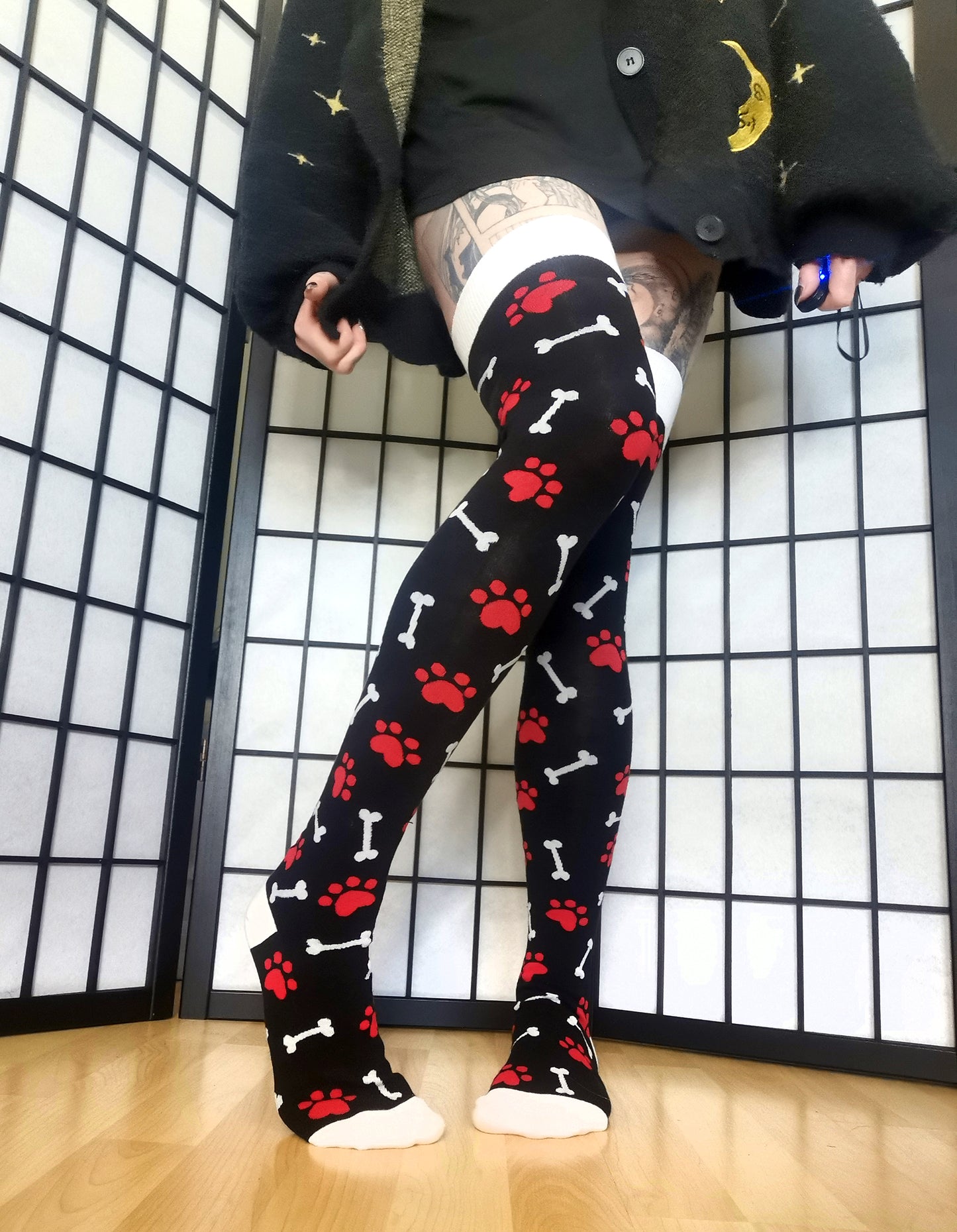 Red Paw Print Black and White Bone Thigh High Socks (Size 3-12 UK)