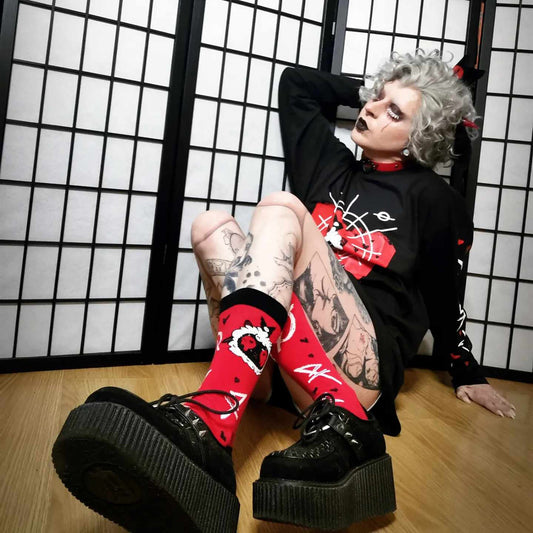 Cult of the Lamb Red and Black Crew Socks (Mens Size 4-12 UK)