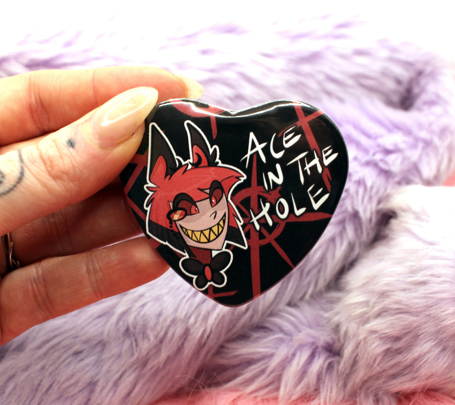 Alastor Hazbin Hotel Ace in the Hole Heart Badge (55mm)