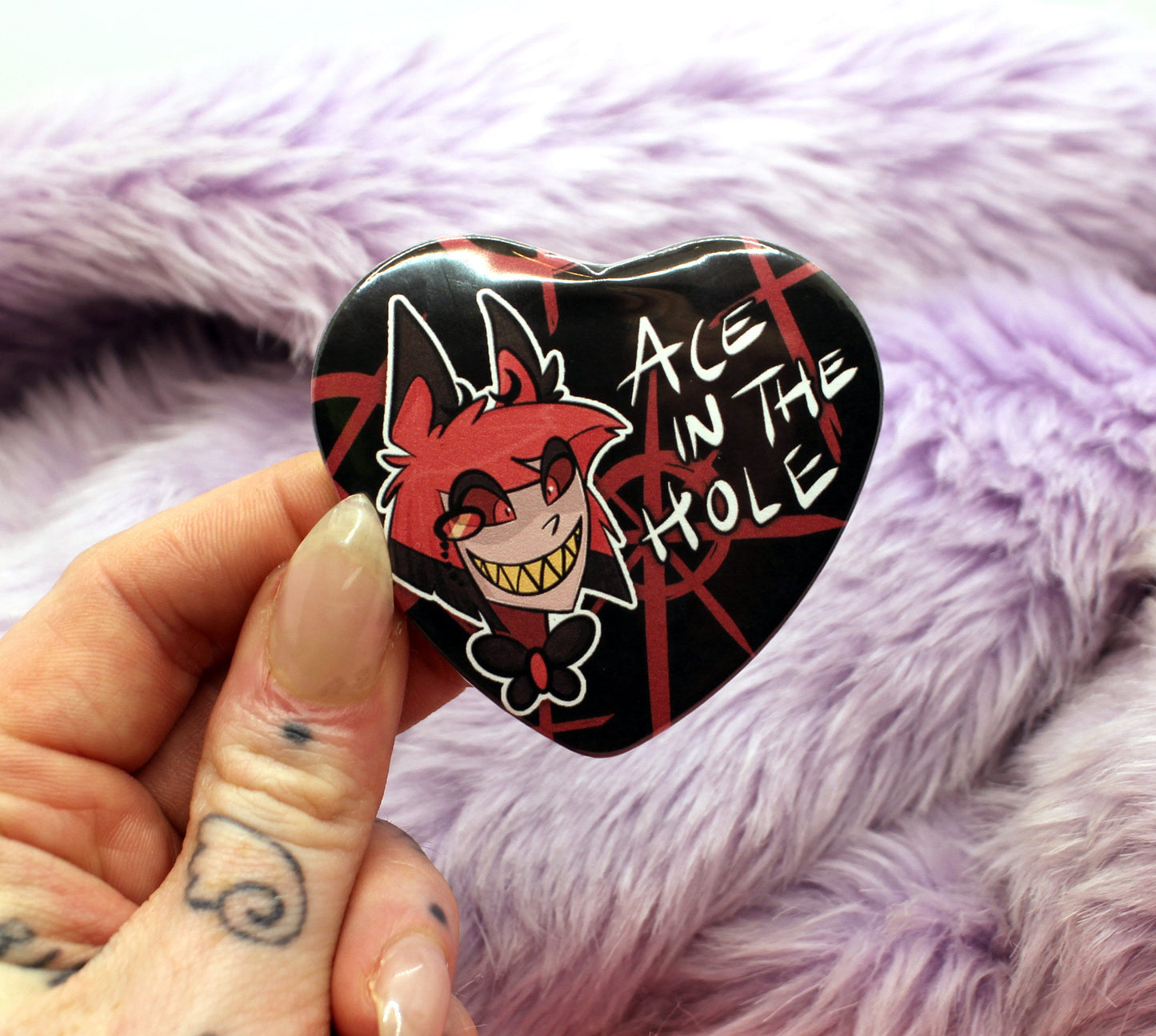 Alastor Hazbin Hotel Ace in the Hole Heart Badge (55mm)