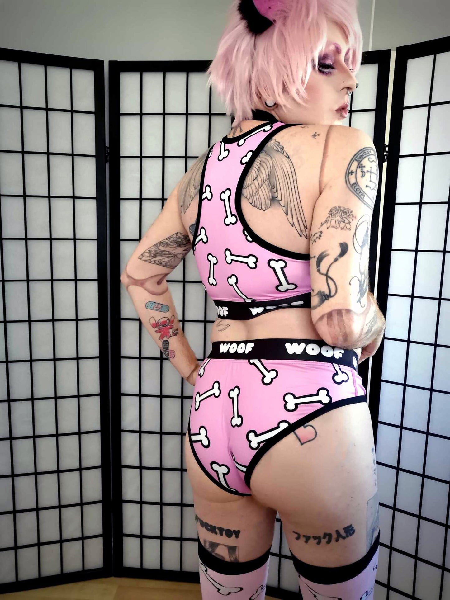 Pink Puppy Dog Bones Crop Top & Briefs Lingerie Set (Sizes: S-XXL)