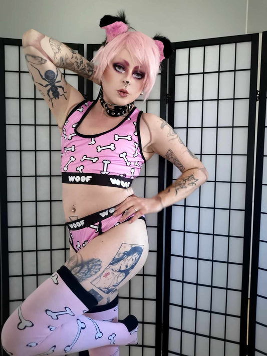 Pink Puppy Dog Bones Crop Top & Briefs Lingerie Set (Sizes: S-XXL)