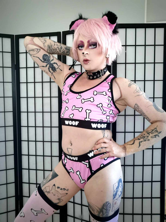 Pink Puppy Dog Bones Crop Top & Briefs Lingerie Set (Sizes: S-XXL)