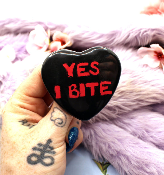 Yes I Bite Heart Badge (55mm)