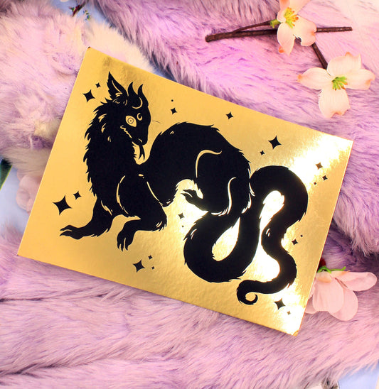 Black Wyrm on Gold Foil Background A6 Print