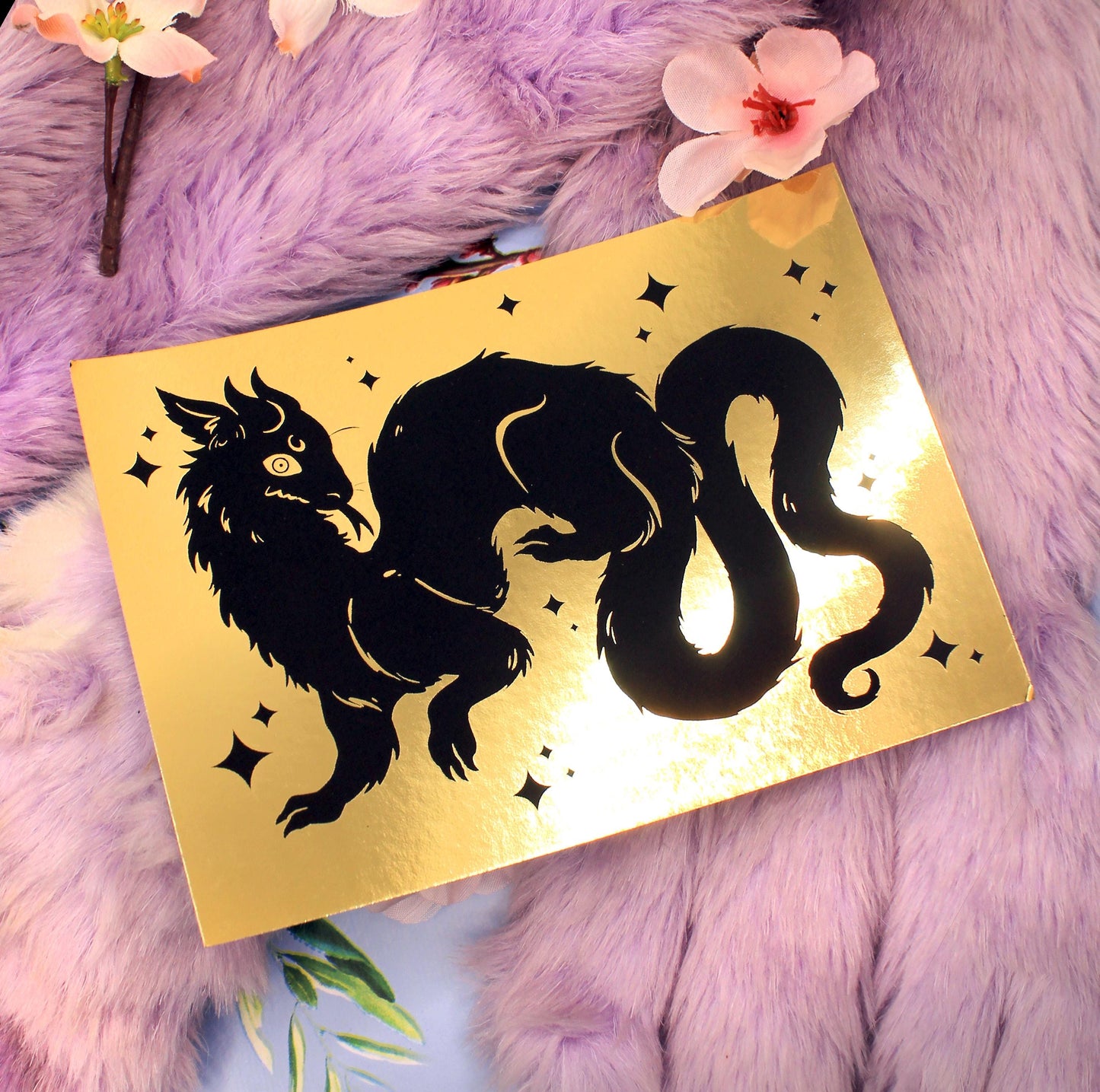 Black Wyrm on Gold Foil Background A6 Print