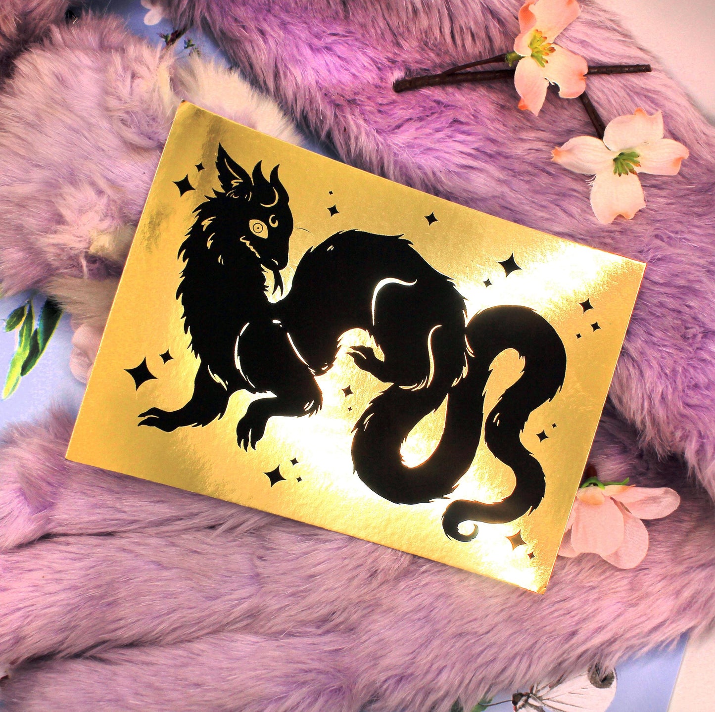 Black Wyrm on Gold Foil Background A6 Print