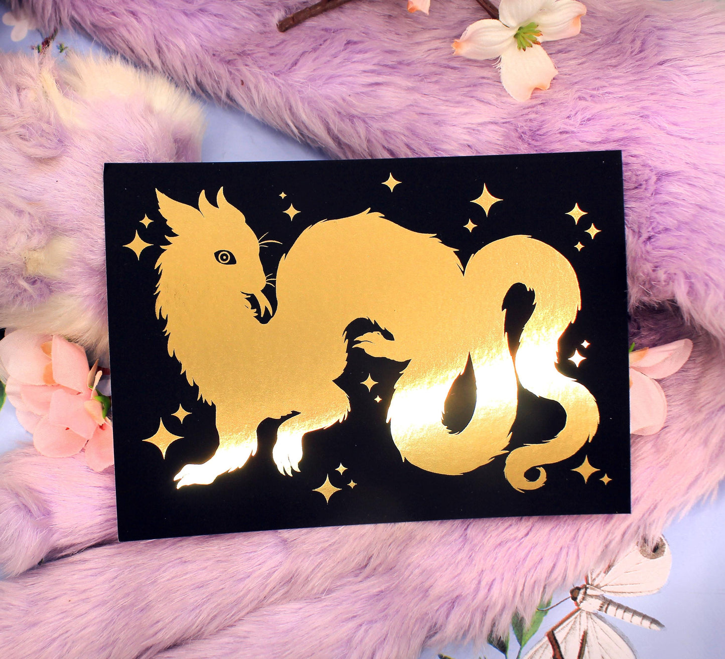 Gold Foil Wyrm on Black Background A6 Print