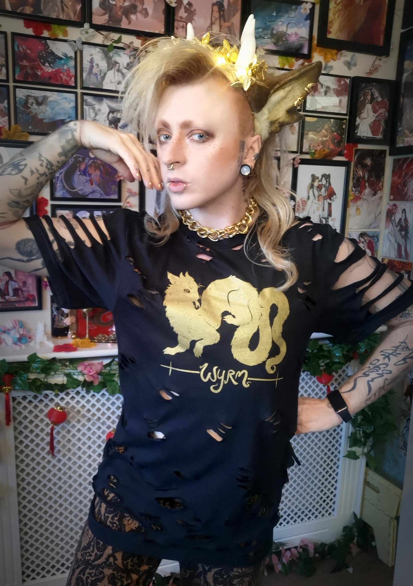 Gold Wyrm on Black T-shirt (Sizes: S-4XL)