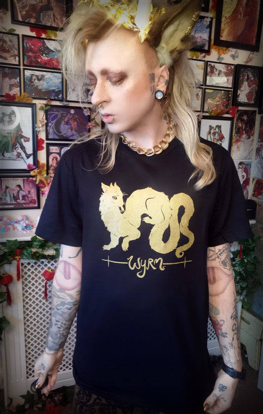 Gold Wyrm on Black T-shirt (Sizes: S-4XL)