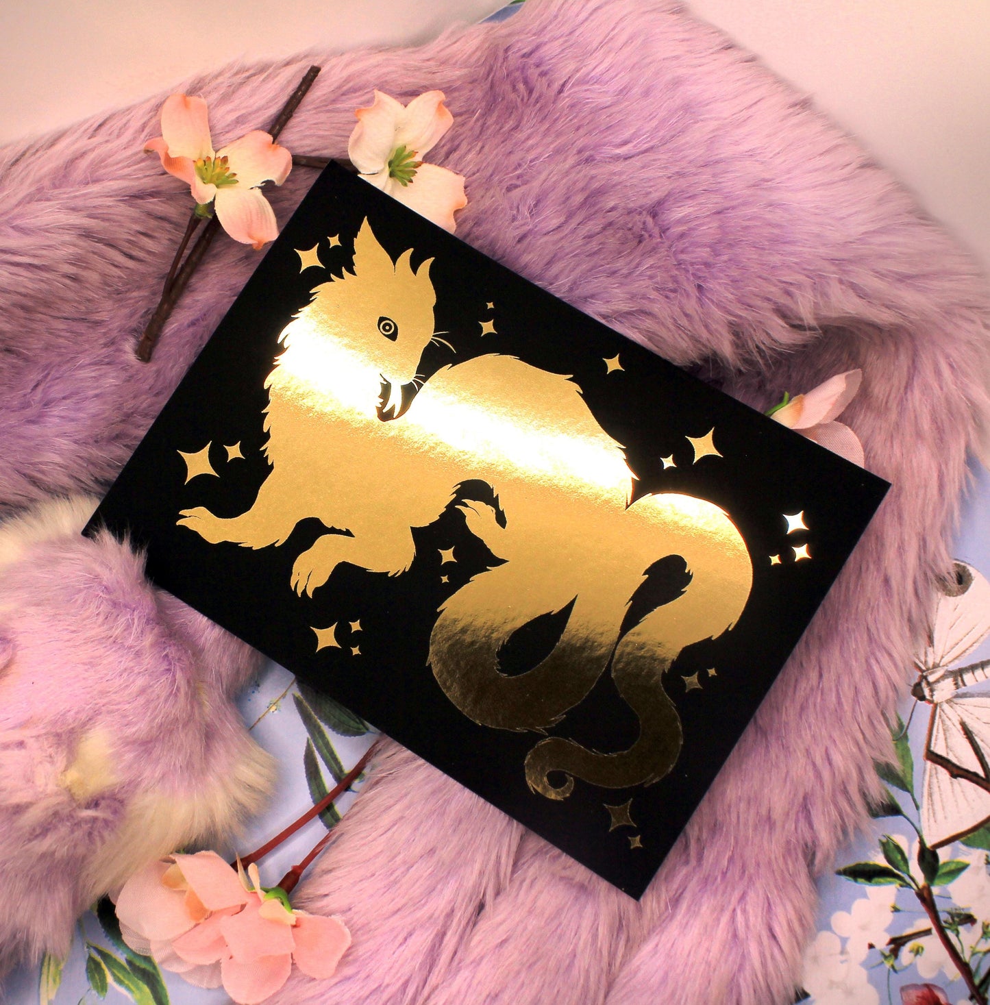 Gold Foil Wyrm on Black Background A6 Print