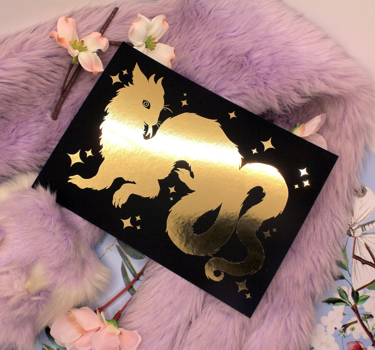 Gold Foil Wyrm on Black Background A6 Print