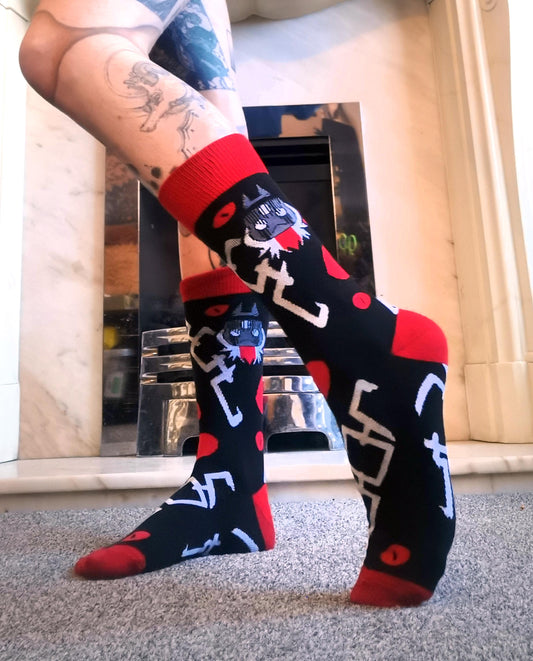 Narinder Cult of the Lamb Red and Black Crew Socks (Adult Size 3-12 UK)