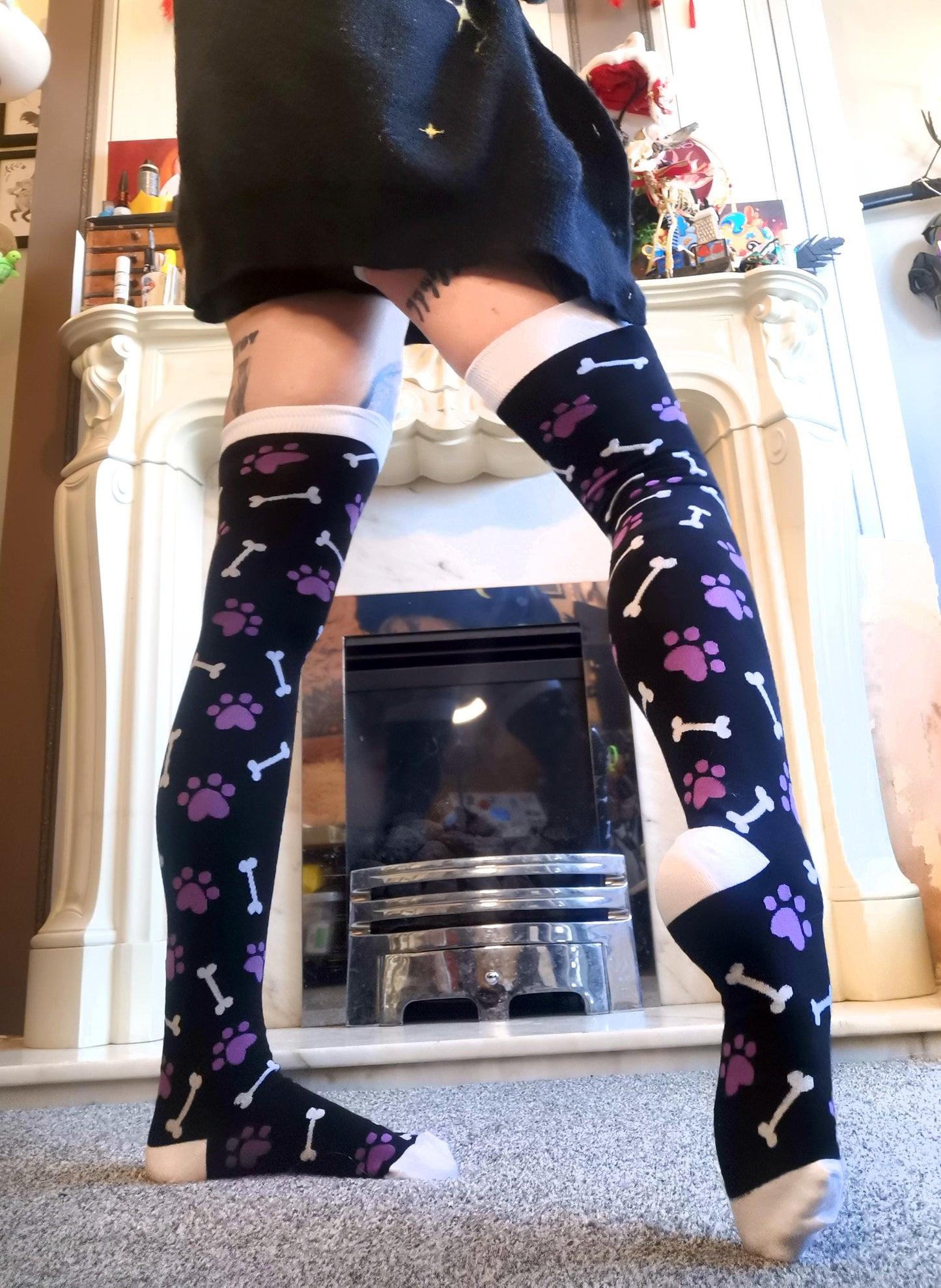 Purple Paw Print Black and White Bone Thigh High Socks (Size 3-12 UK)