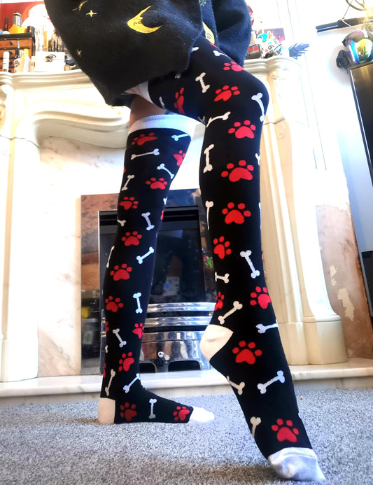 Red Paw Print Black and White Bone Thigh High Socks (Size 3-12 UK)