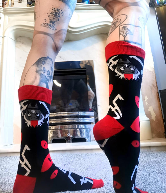 Narinder Cult of the Lamb Red and Black Crew Socks (Adult Size 3-12 UK)