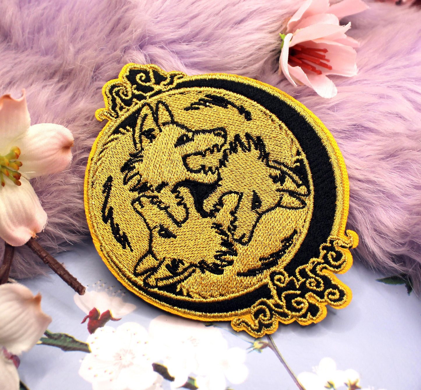 Black and Gold 3 Wolf Moon Embroidered Patch (10cm)
