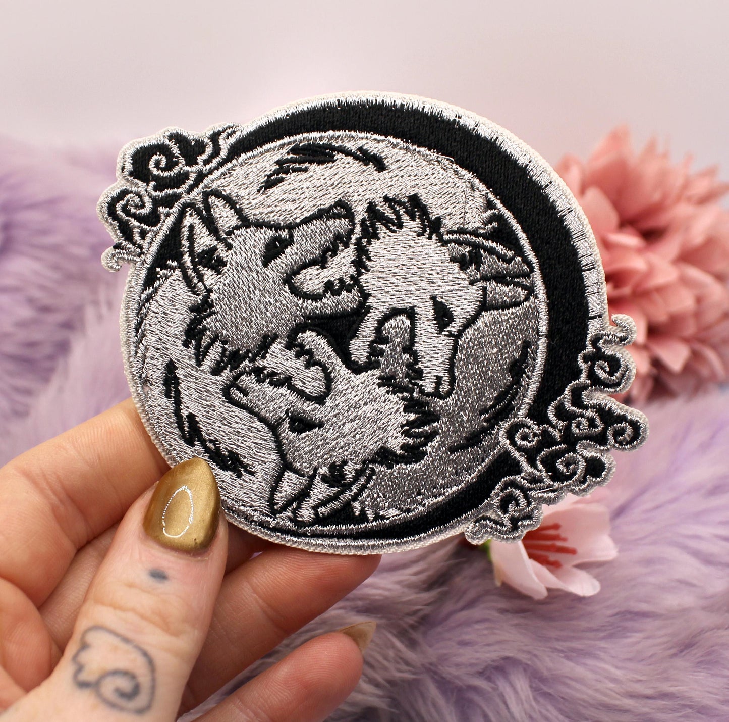 Black and Silver 3 Wolf Moon Embroidered Patch (10cm)