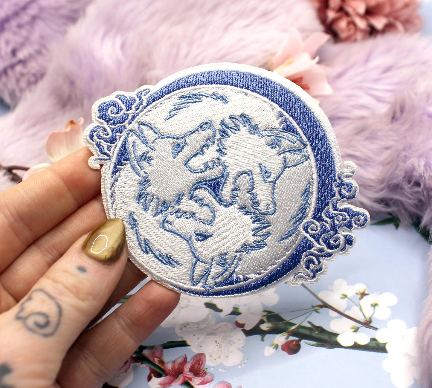 Pastel Blue and White 3 Wolf Moon Embroidered Patch (10cm)