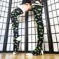 Green Paw Print Black and White Bone Thigh High Socks (Size 3-12 UK)