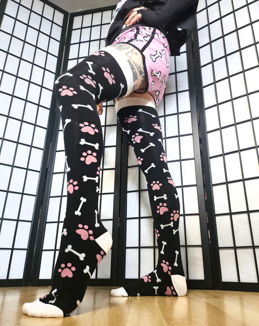 Pink Paw Print Black and White Bone Thigh High Socks (Size 3-12 UK)