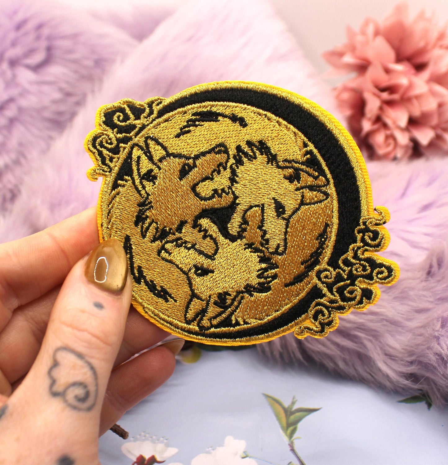Black and Gold 3 Wolf Moon Embroidered Patch (10cm)