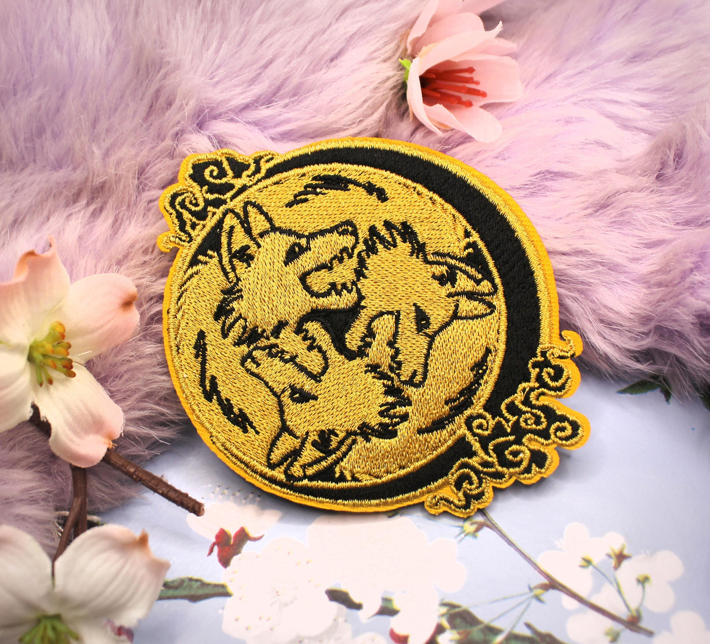 Black and Gold 3 Wolf Moon Embroidered Patch (10cm)