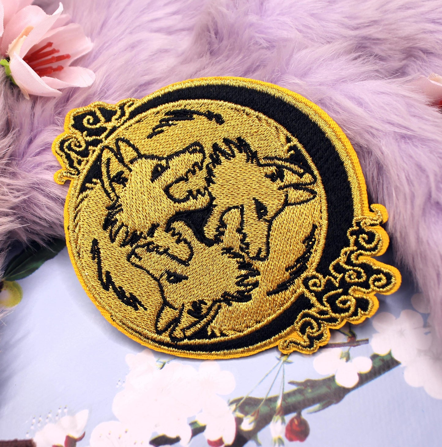 Black and Gold 3 Wolf Moon Embroidered Patch (10cm)