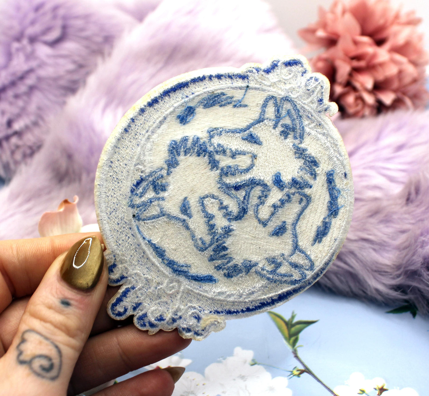 Pastel Blue and White 3 Wolf Moon Embroidered Patch (10cm)
