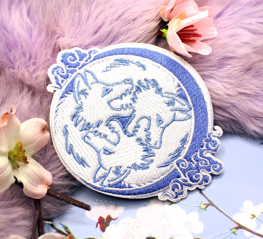 Pastel Blue and White 3 Wolf Moon Embroidered Patch (10cm)
