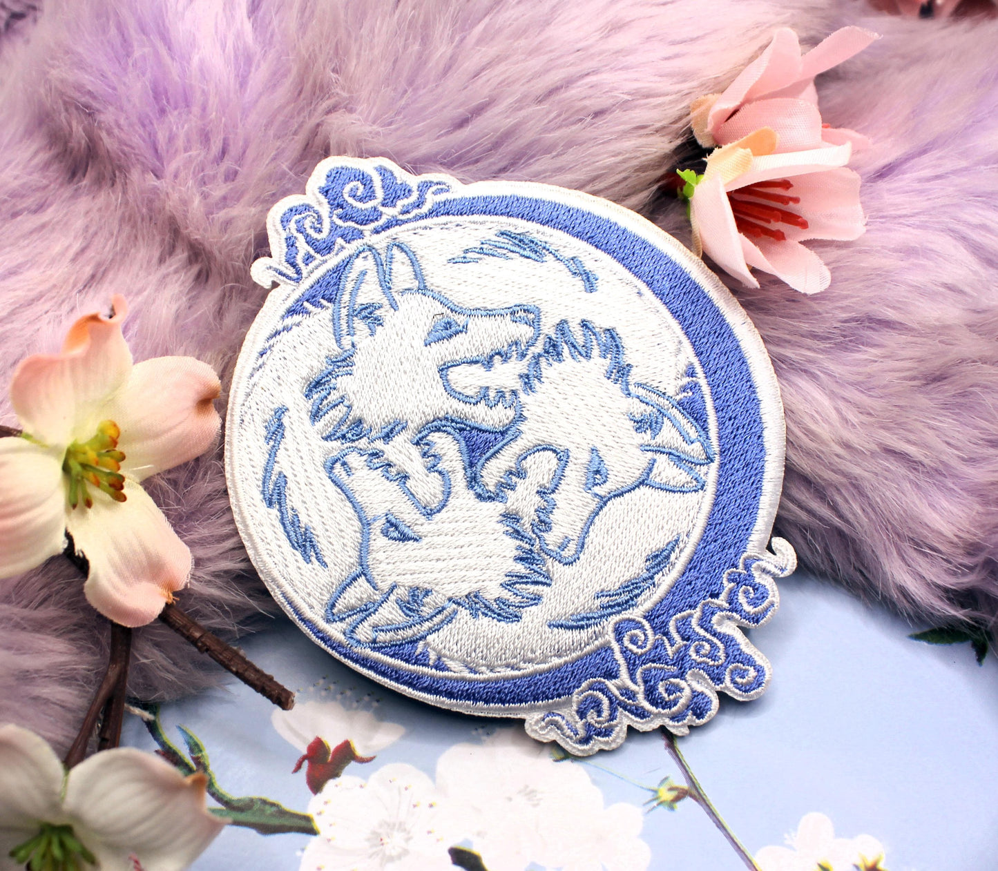 Pastel Blue and White 3 Wolf Moon Embroidered Patch (10cm)