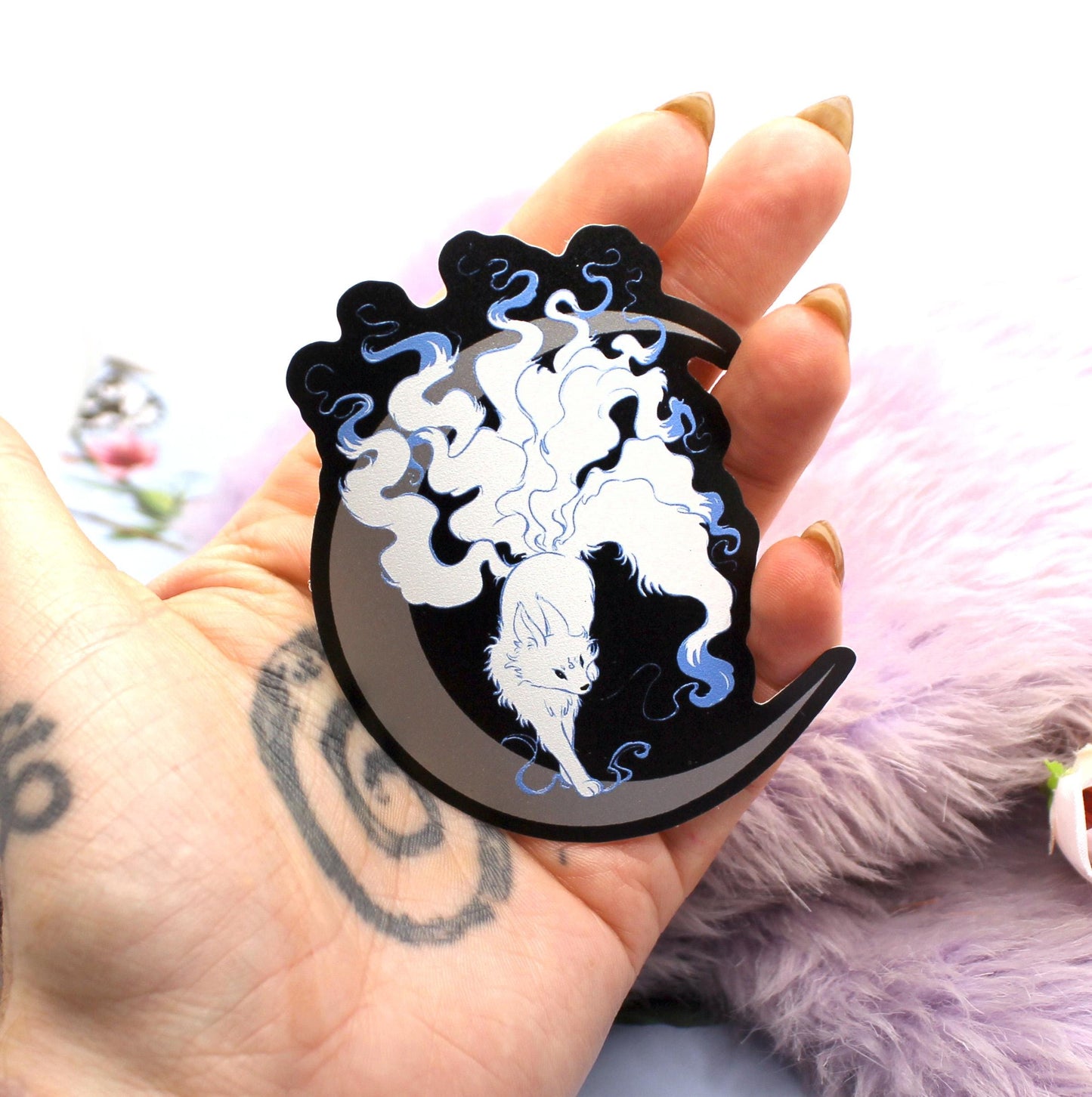 Silver Foil Moon Fox Vinyl Sticker (8cm)