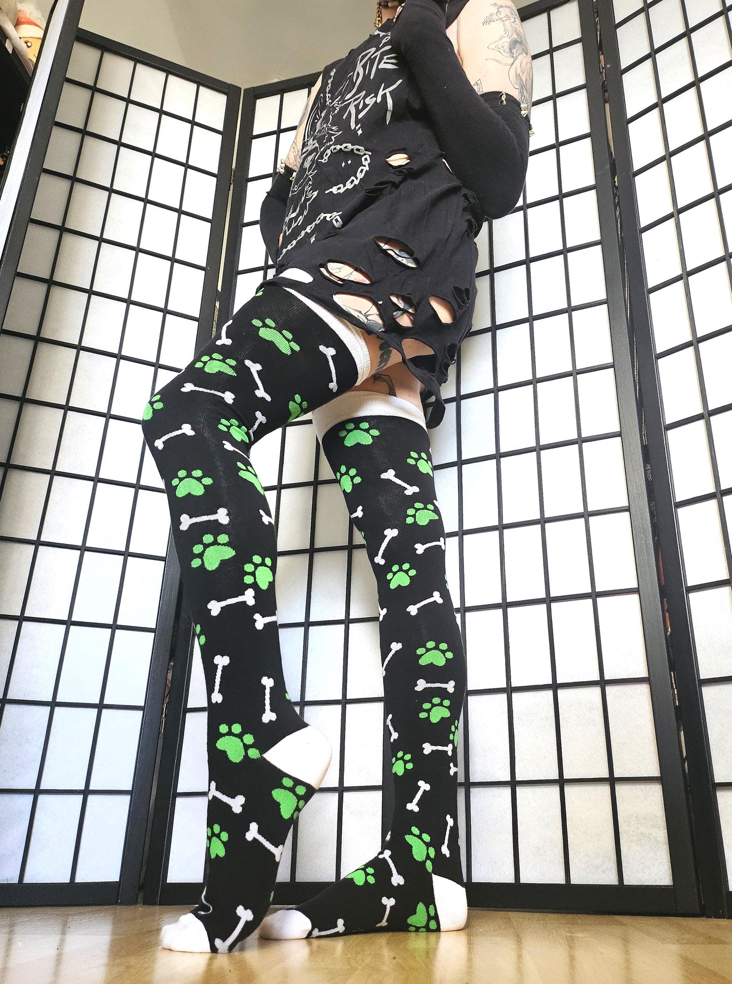 Green Paw Print Black and White Bone Thigh High Socks (Size 3-12 UK)