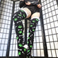 Green Paw Print Black and White Bone Thigh High Socks (Size 3-12 UK)