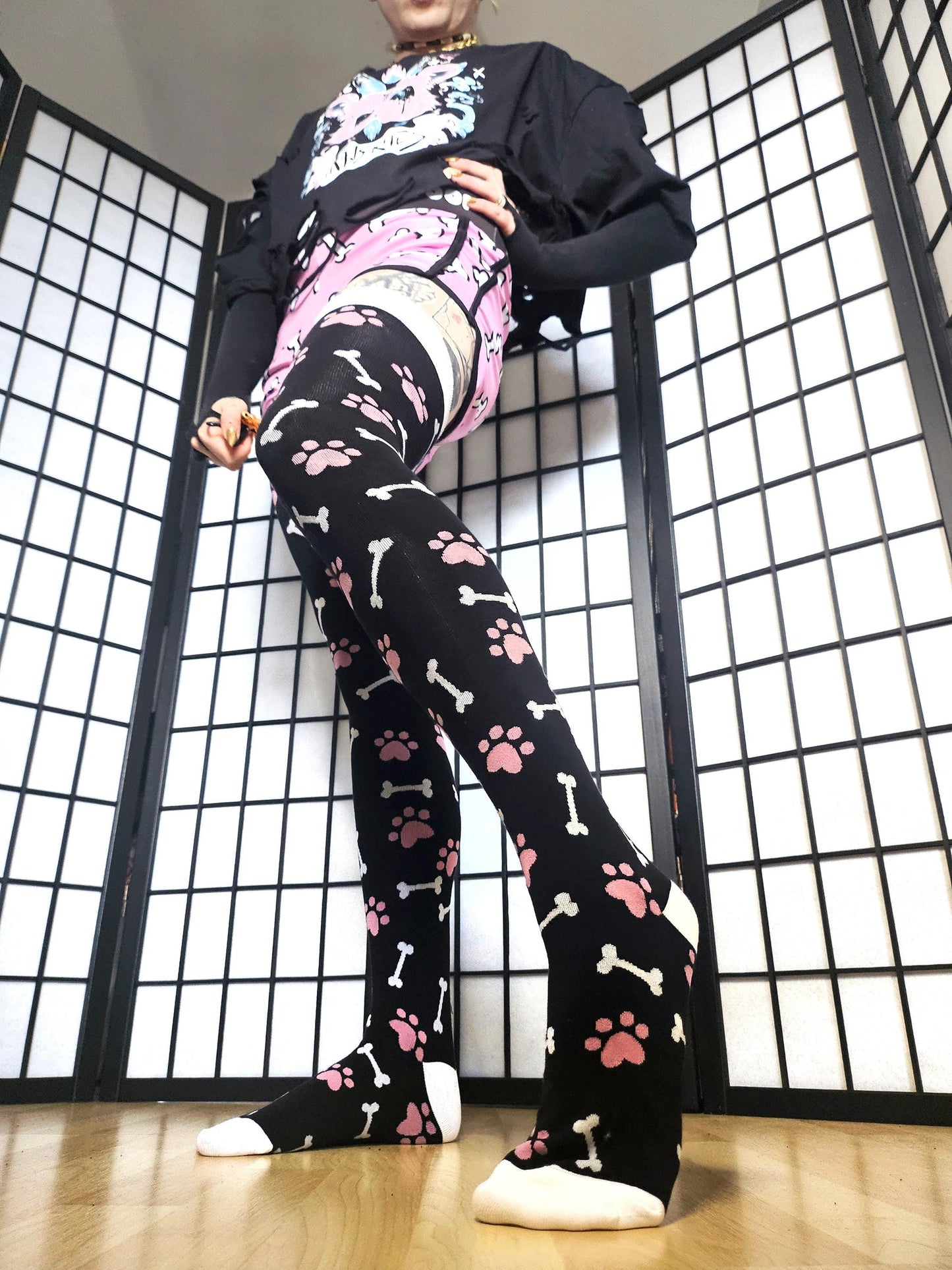 Pink Paw Print Black and White Bone Thigh High Socks (Size 3-12 UK)