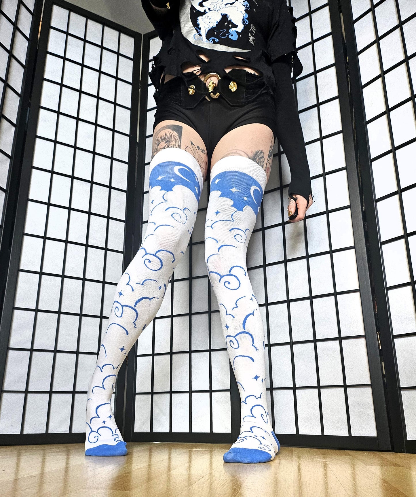 Blue and White Celestial Print Thigh High Socks (Size 3-12 UK)
