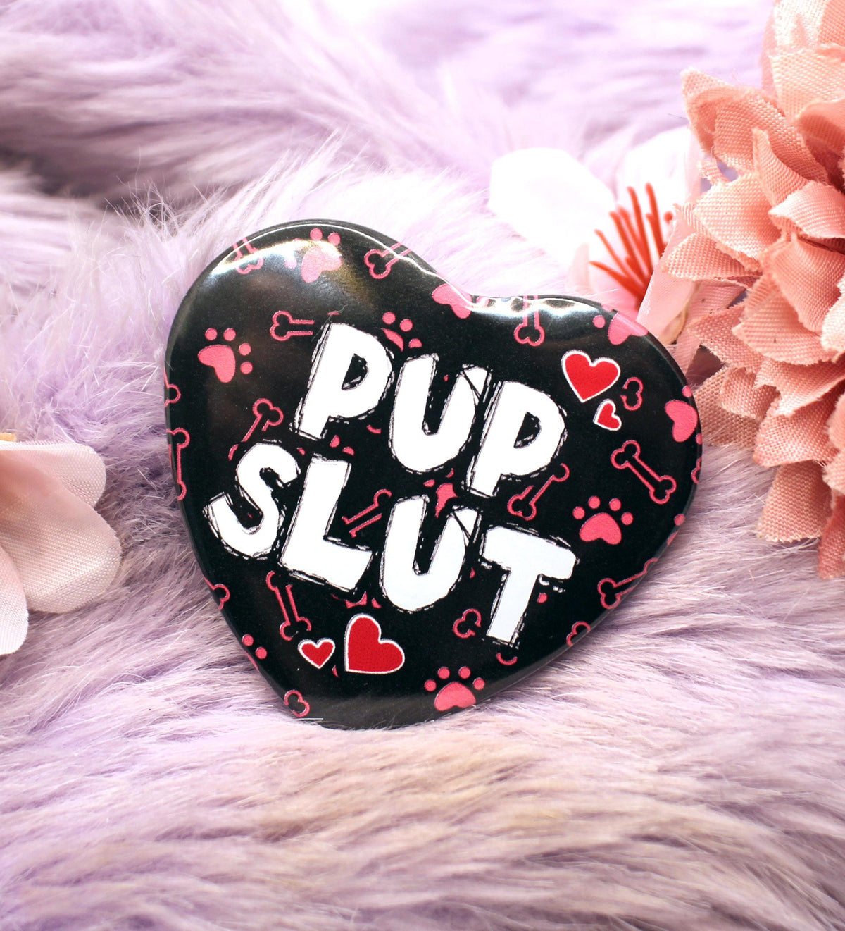 Pup Slut Furry Dog Pink Heart Badge (55mm)